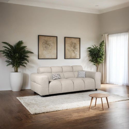 Rechte gecapitonneerde sofa in bouclé stof 2/3-zit – Elda