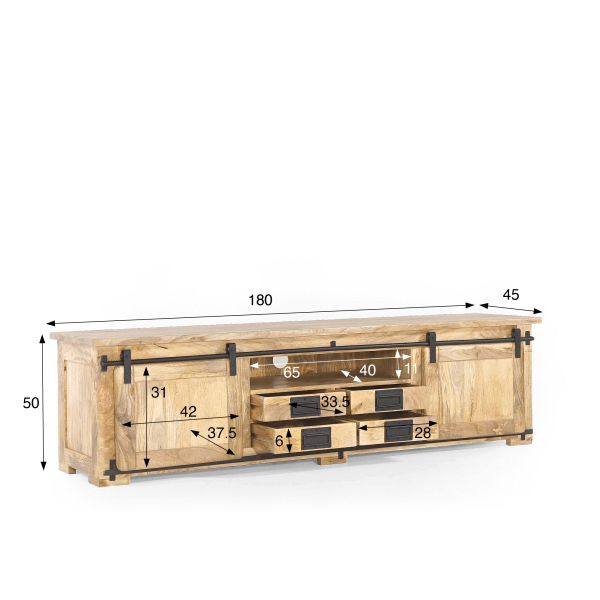 Industriële tv-meubel 180 cm met 4 lades - Paris