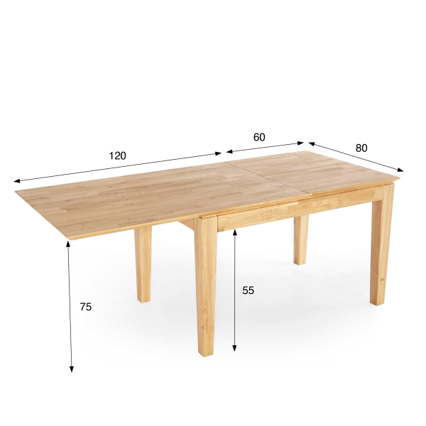 Rechthoekige eettafel in eikenhout 120 x 80 cm met verlengblad van 60 cm