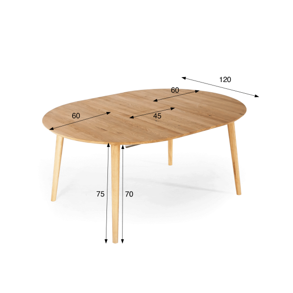 Ronde eettafel in eikenhout Ø120 cm met verlengblad van 45 cm