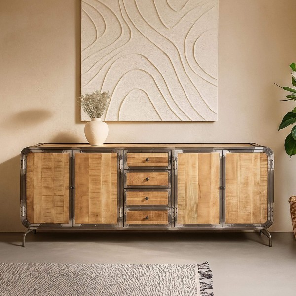 Industrieel dressoir in massief hout en metaal met 4 deuren - Manchester