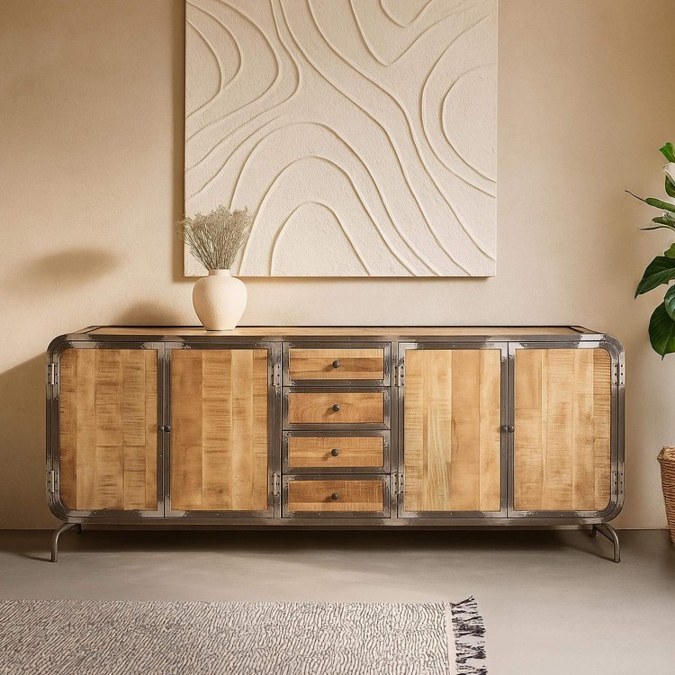 Industrieel dressoir in massief hout en metaal met 4 deuren - Manchester