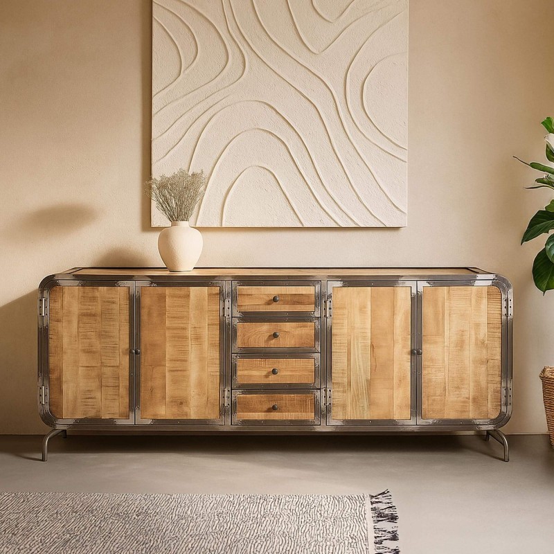 Industrieel dressoir in massief hout en metaal met 4 deuren - Manchester