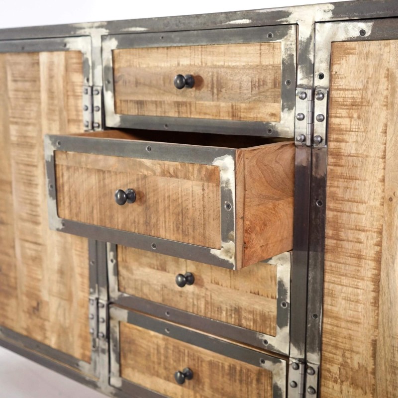 Industrieel dressoir in massief hout en metaal met 4 deuren - Manchester