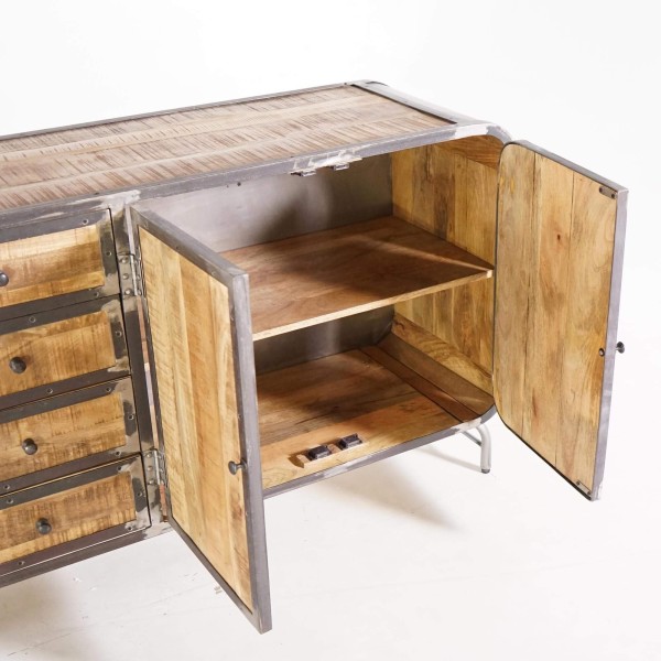 Industrieel dressoir in massief hout en metaal met 4 deuren - Manchester