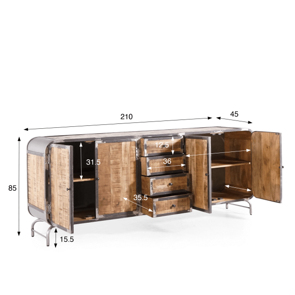 Industrieel dressoir in massief hout en metaal met 4 deuren - Manchester