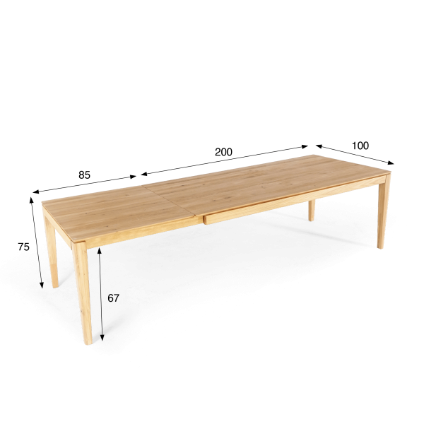 Eettafel in eikenhout 200 x 100 cm met verlengblad van 85 cm