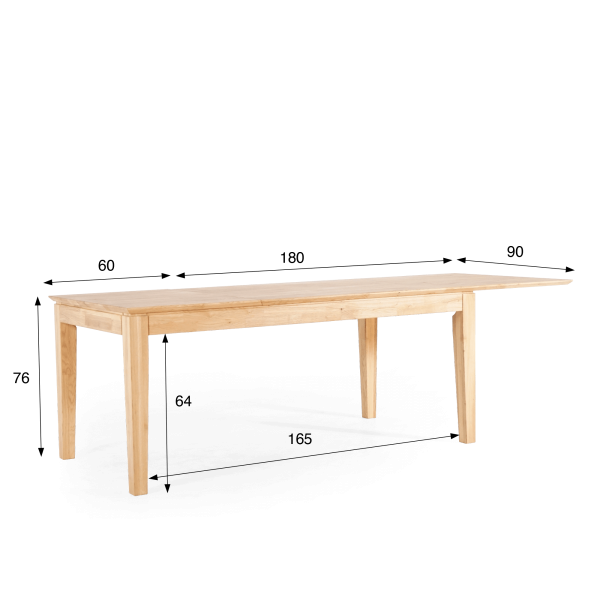 Eettafel rechthoekig in eikenhout 180 x 90 cm met verlengblad van 60 cm