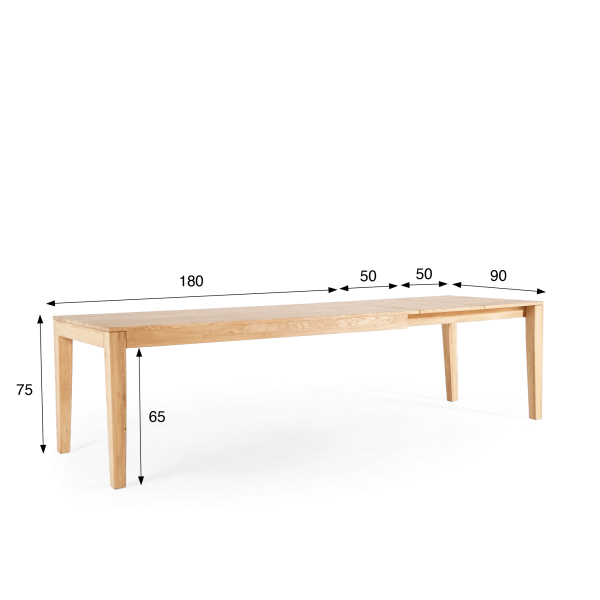 Eettafel in eikenhout 180 x 90 cm met verlengstukken van 2 x 50 cm