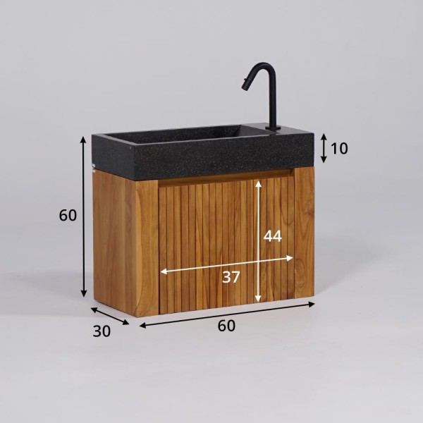 Hangwastafel van massief teakhout met zwart terrazzo wastafelblad - Nila