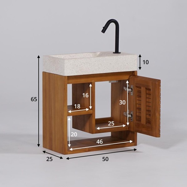Hangwastafel van massief teakhout met witte terrazzowastafel - Balamani