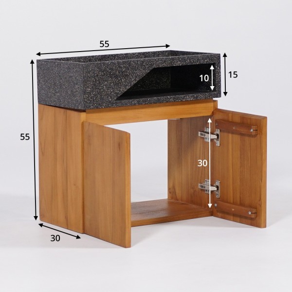 Wastafelmeubel van massief teakhout met zwarte terrazzo waskom - Tanja