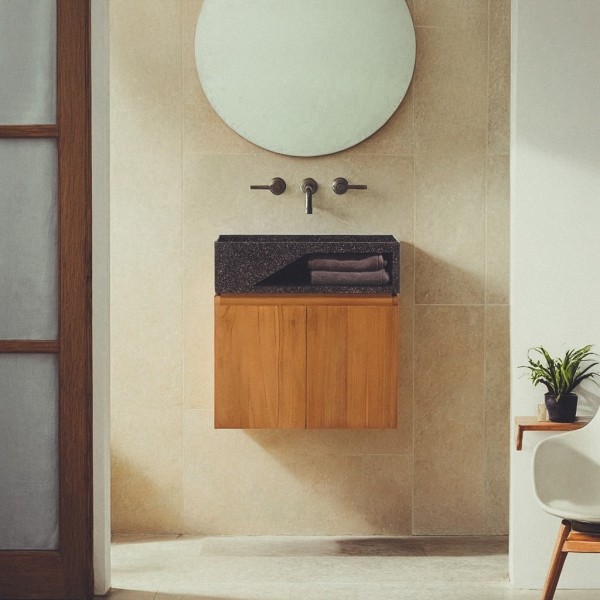 Wastafelmeubel van massief teakhout met zwarte terrazzo waskom - Tanja