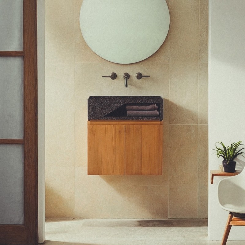 Wastafelmeubel van massief teakhout met zwarte terrazzo waskom - Tanja