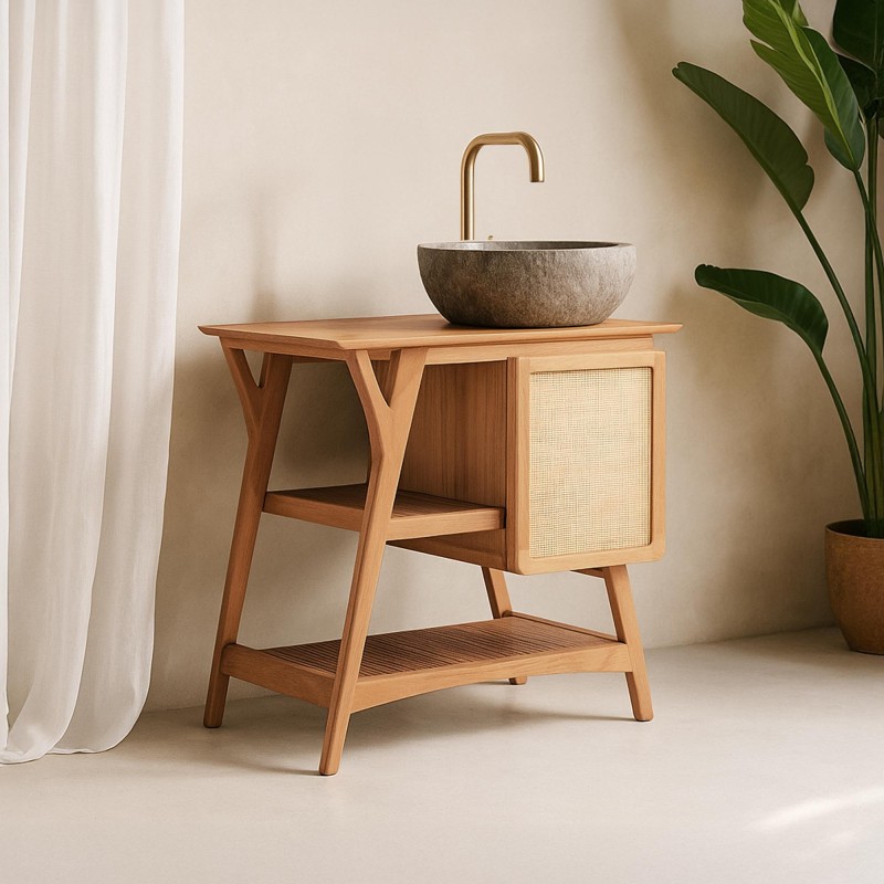 Badmeubel in massief teakhout met enkele wasbak 80 cm – Kalindi Badmeubel in massief teakhout met enkele wasbak 80 cm – Kalindi