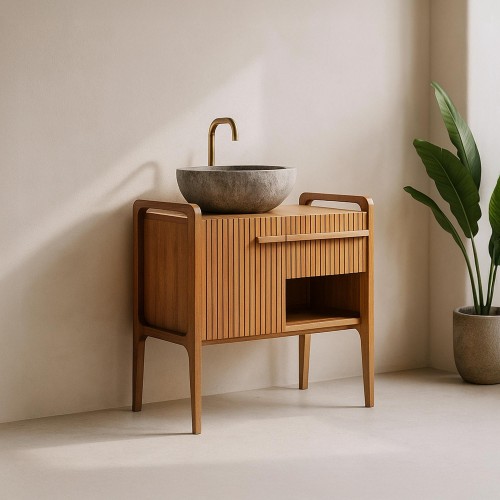 Badmeubel in massief teakhout met enkele wasbak 80 cm – Devika