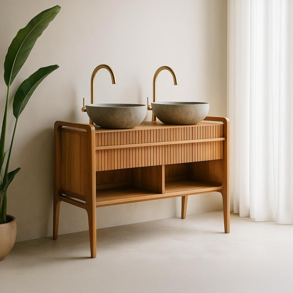 Badmeubel in massief teakhout met dubbele wasbak 120 cm - Devika