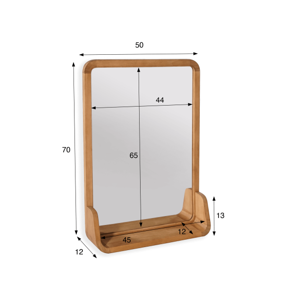 Rechthoekige spiegel in teakhout met legplank