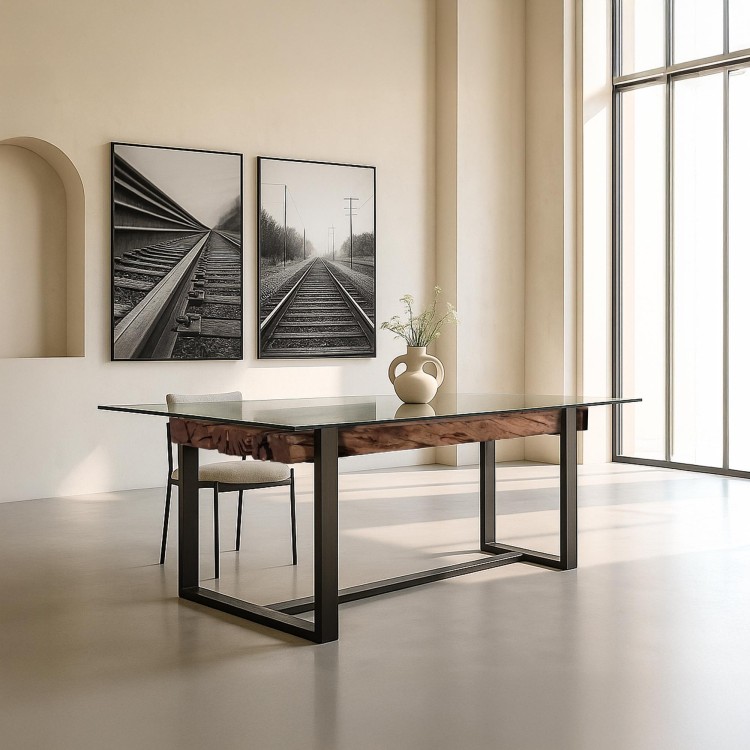 Rechthoekige eettafel in glas met spoorbielzen – Railwood