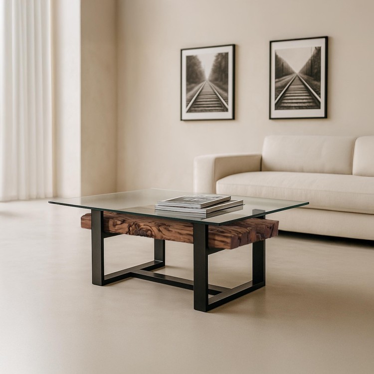 Salontafel in glas met spoorbielzen – Railwood