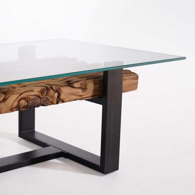 Salontafel in glas met spoorbielzen – Railwood