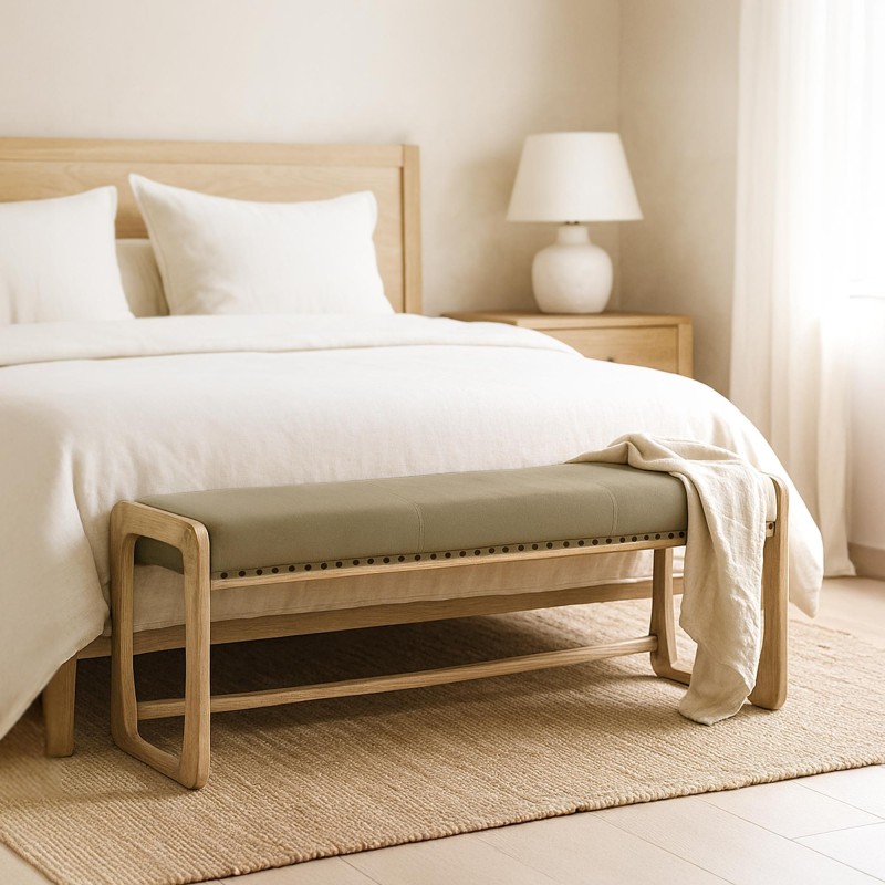 Massief houten bank met kaki stof – Soline