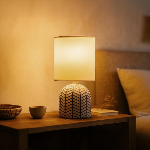 Ambachtelijke keramische lamp – grijs-wit grafisch motief – Amani