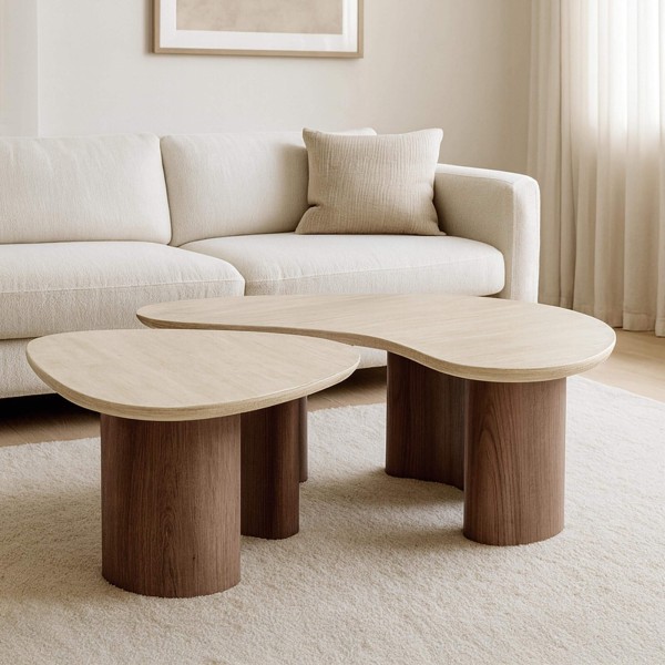 Design salontafel in hout met travertin keramieken marmerlook blad – Tavola