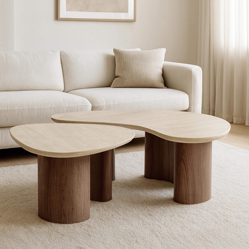 Design salontafel in hout met travertin keramieken marmerlook blad – Tavola