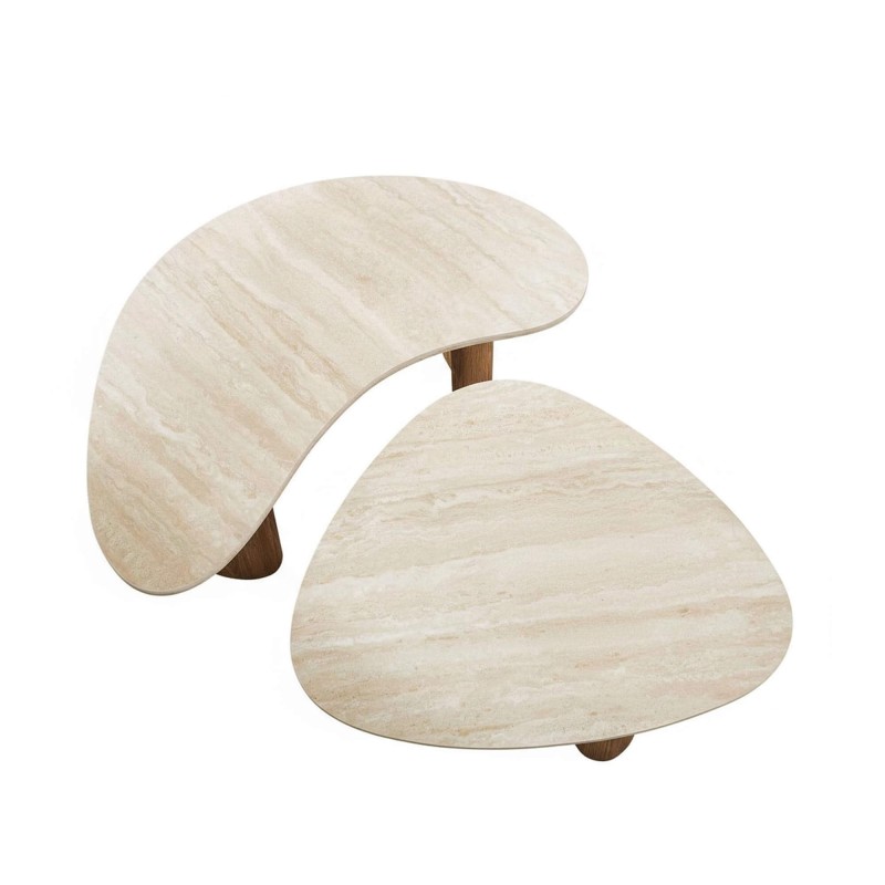 Design salontafel in hout met travertin keramieken marmerlook blad – Tavola