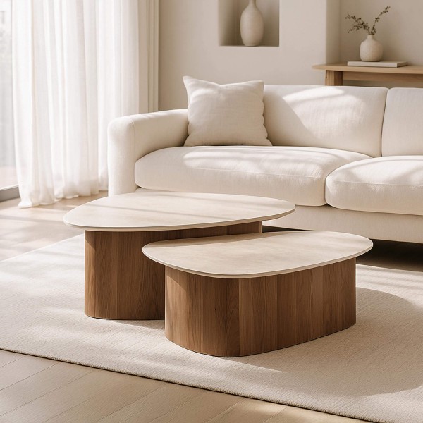 Set van 2 driehoekige salontafels in travertin-keramiek – Tavola