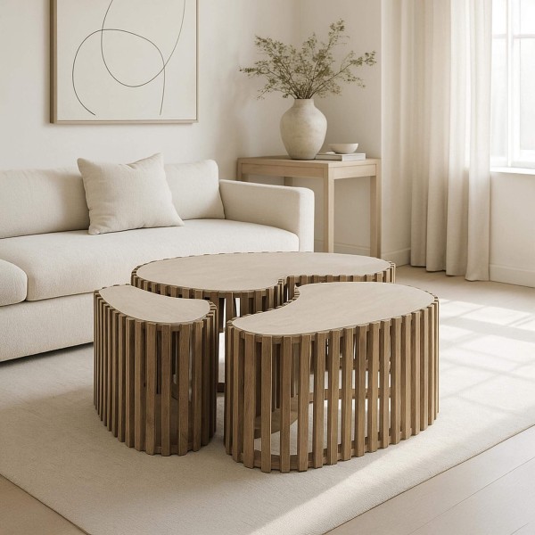 Half-ronde salontafel in massief mangohout (set van 3) – Nuovo