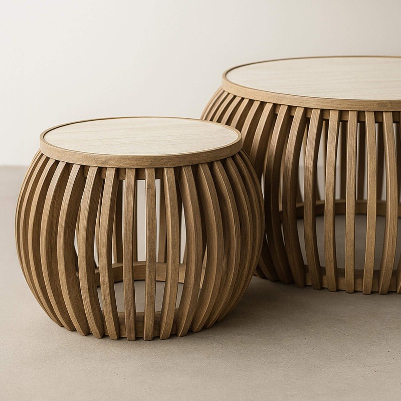 Set van 2 ronde salontafels in mangohout met keramisch blad – Nuovo