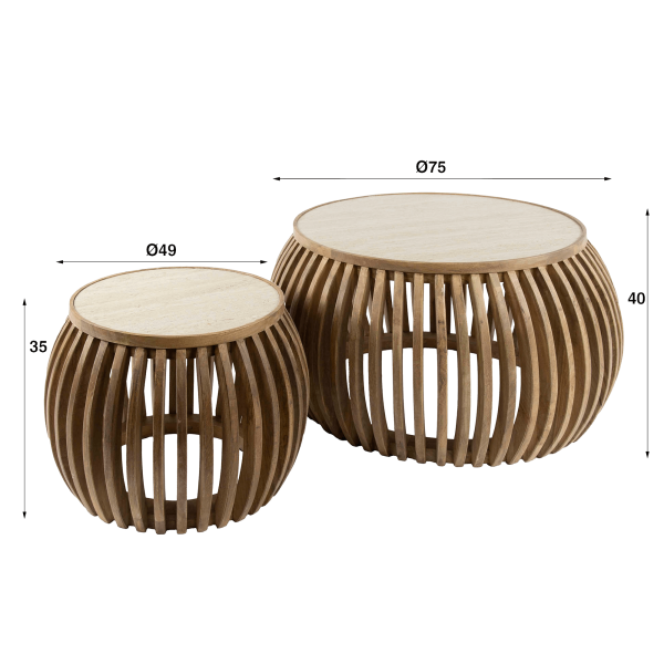 Set van 2 ronde salontafels in mangohout met keramisch blad – Nuovo