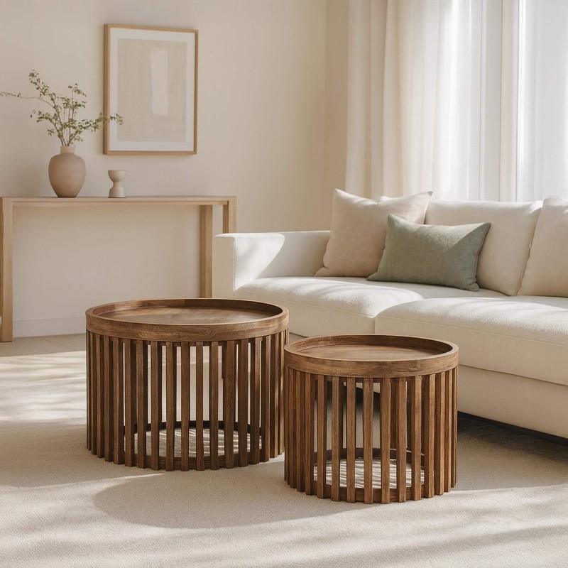 Ronde salontafels in naturel mangohout (set van 2) – Orbit