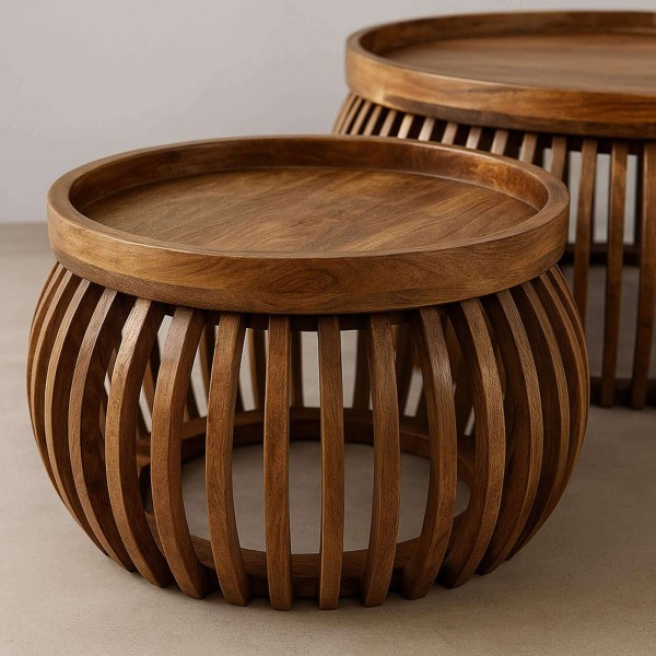 Set van 2 ronde salontafels in massief mangohout – Orbit