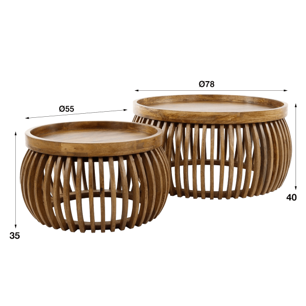 Set van 2 ronde salontafels in massief mangohout – Orbit