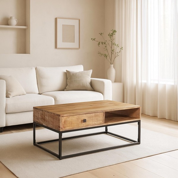 Salontafel in massief mangohout met metalen frame