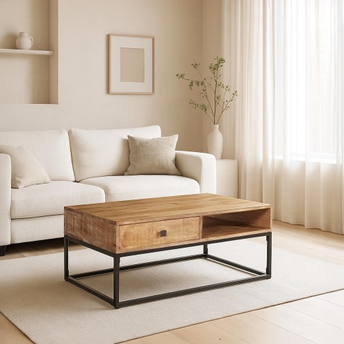 Salontafel in massief mangohout met metalen frame