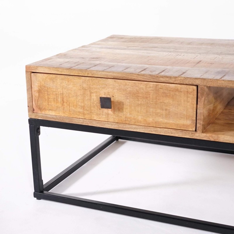 Salontafel in massief mangohout met metalen frame