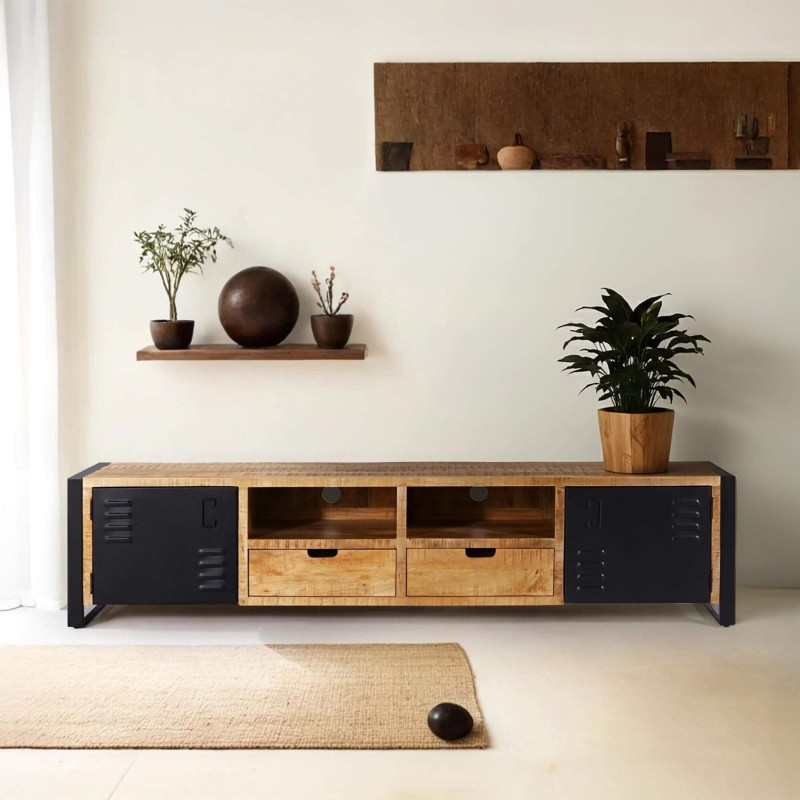 Tv-meubel in massief mangohout met metalen deur 220 cm – Kansas