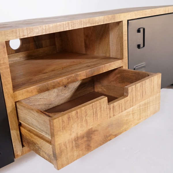 Tv-meubel in massief mangohout met metalen deur 180 cm – Kansas