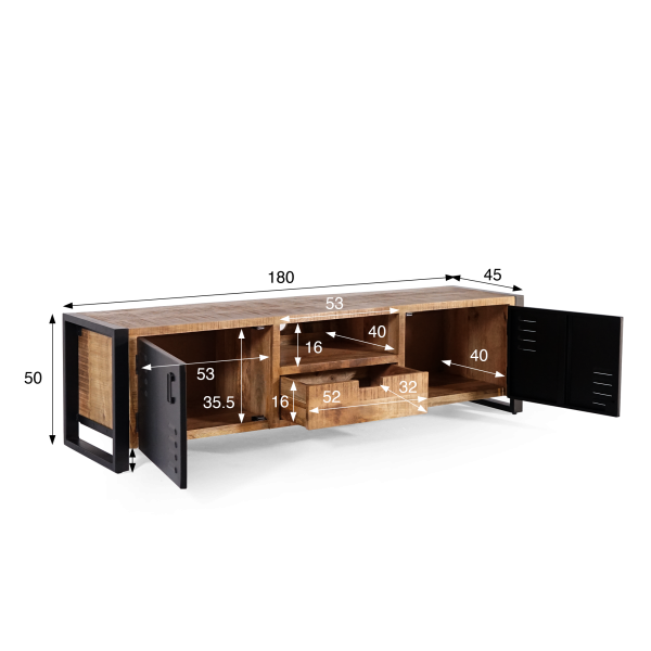 Tv-meubel in massief mangohout met metalen deur 180 cm – Kansas