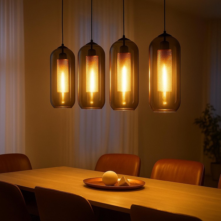 Hanglamp met mondgeblazen rookglazen kapjes – Brila