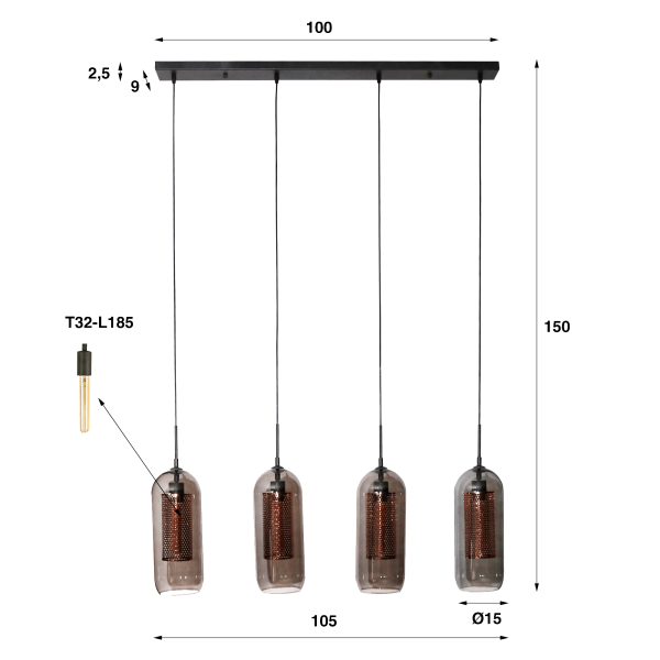 Hanglamp met mondgeblazen rookglazen kapjes – Brila