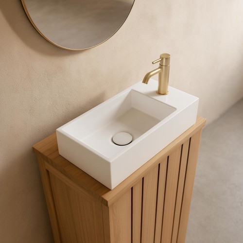 Kleine rechthoekige wastafel in keramiek, glanzend wit – Mila