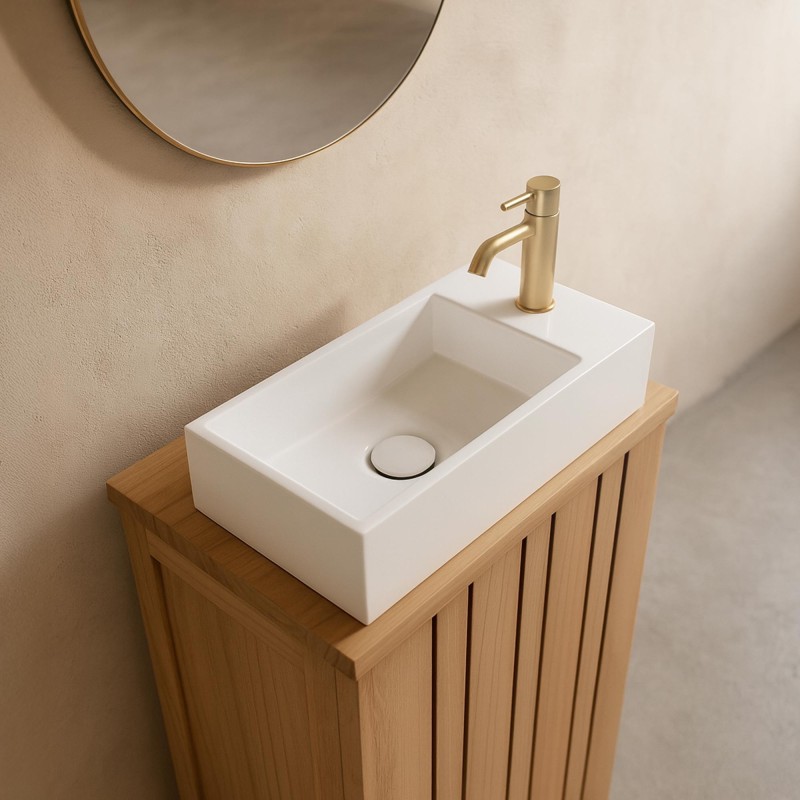 Kleine rechthoekige wastafel in keramiek, glanzend wit – Mila