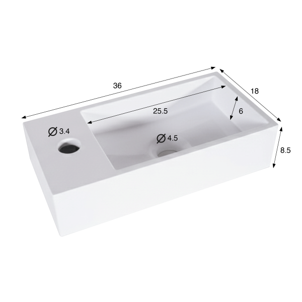 Kleine rechthoekige wastafel in keramiek, glanzend wit – Mila