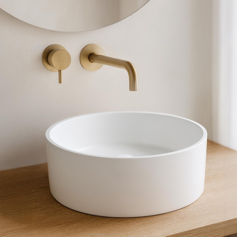 Ronde opzetwastafel voor badkamer, mat wit, mineraalmarmer - Rundo