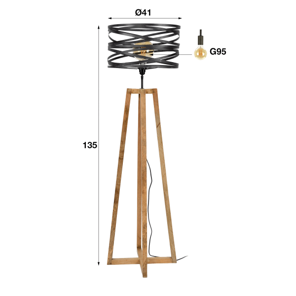 Industriële staande lamp voor de woonkamer in hout met gedraaid metalen lampenkap – Twist